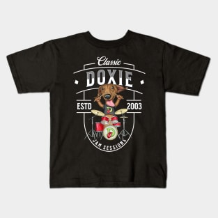 Fun doxie Dog playing drums for a rock and roll band on Doxie Jam Sessions tee Kids T-Shirt